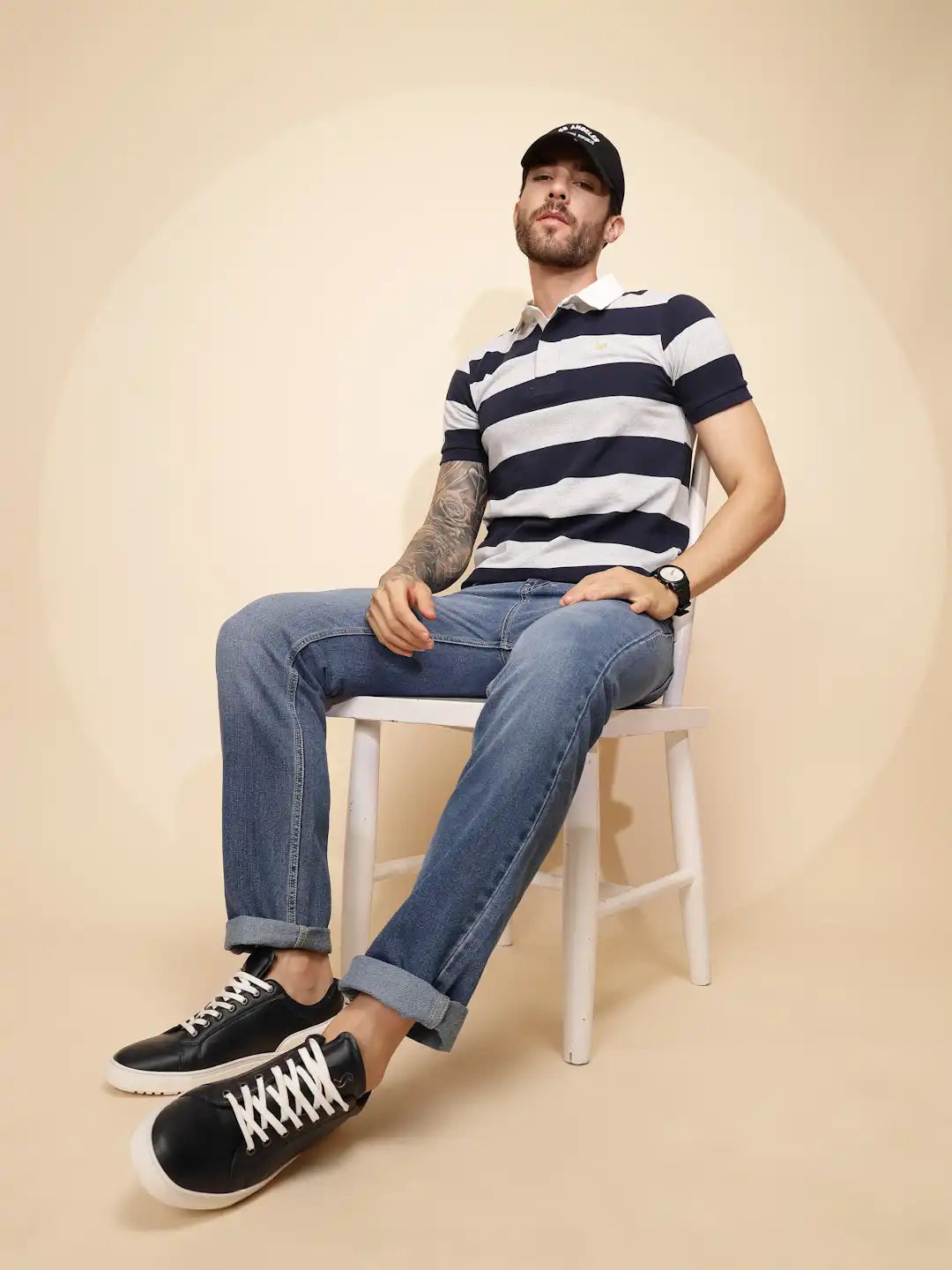 Grey and Blue Stripe Cotton Blend Regular Fit T-Shirt For Men