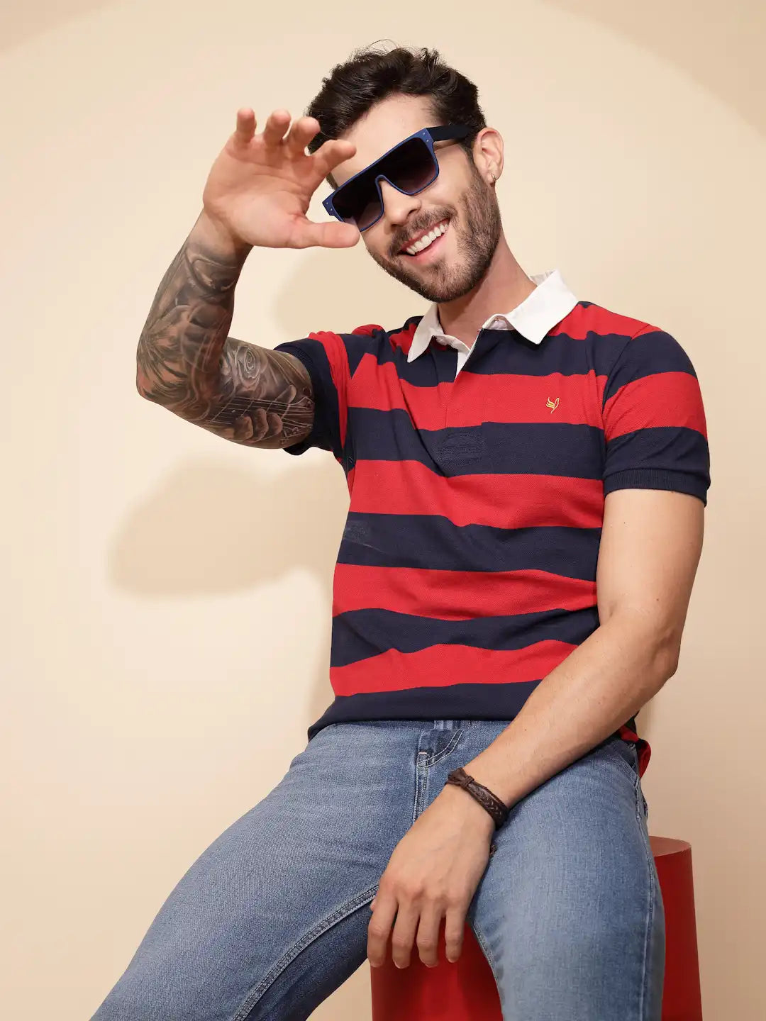 Red and Blue Stripe Cotton Blend Regular Fit T-Shirt For Men