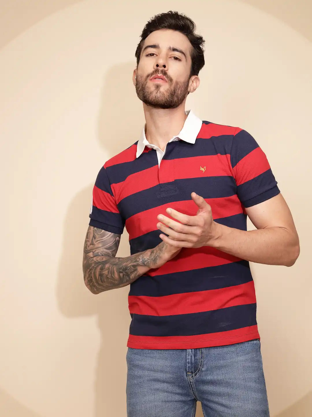 Red and Blue Stripe Cotton Blend Regular Fit T-Shirt For Men