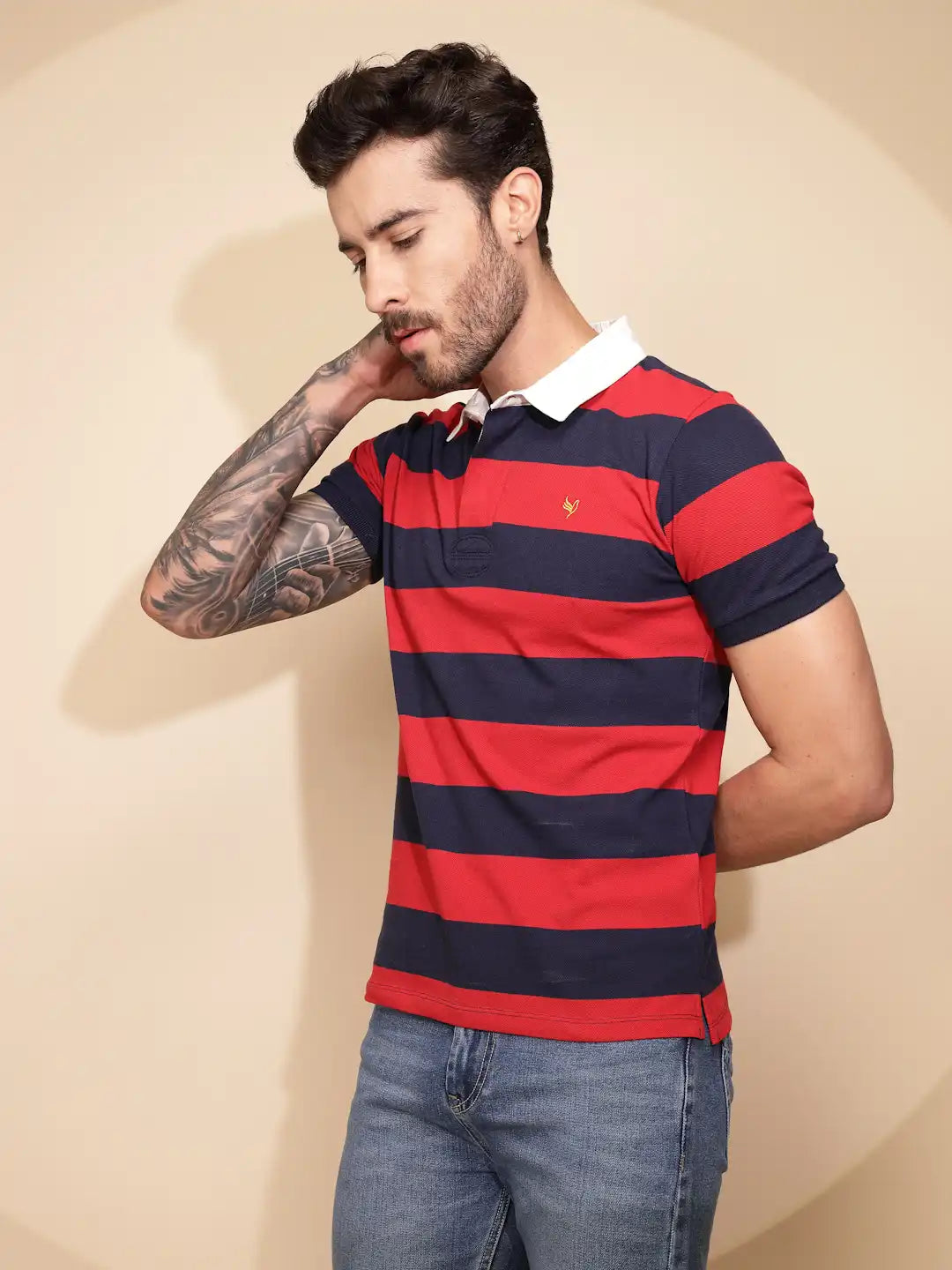 Red and Blue Stripe Cotton Blend Regular Fit T-Shirt For Men