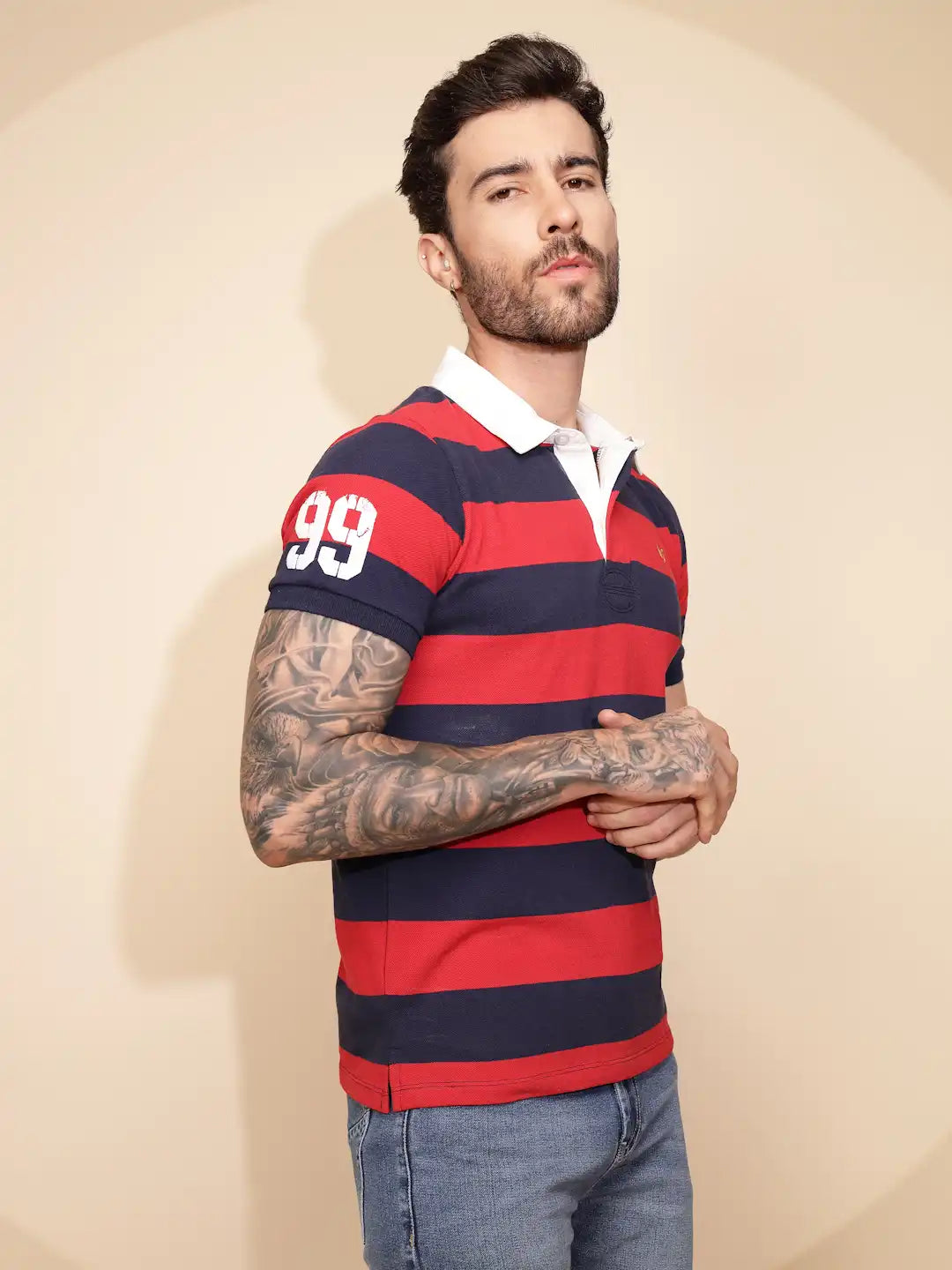 Red and Blue Stripe Cotton Blend Regular Fit T-Shirt For Men