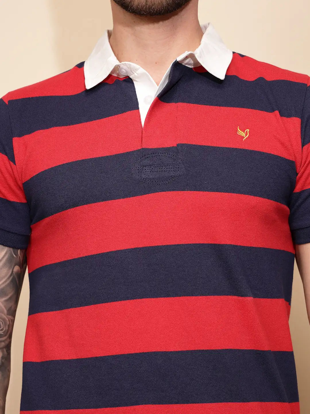 Red and Blue Stripe Cotton Blend Regular Fit T-Shirt For Men