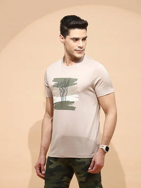 Beige Cotton Blend Regular Fit T-Shirt For Men