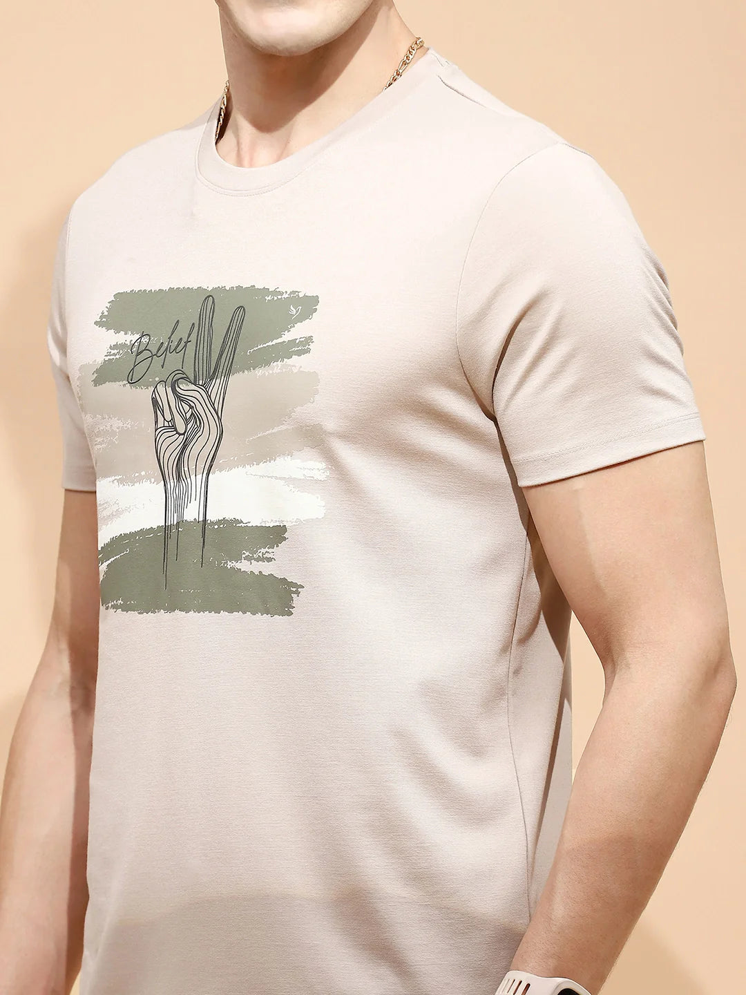 Beige Cotton Blend Regular Fit T-Shirt - Global Republic