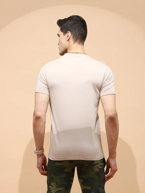 Beige Cotton Blend Regular Fit T-Shirt For Men