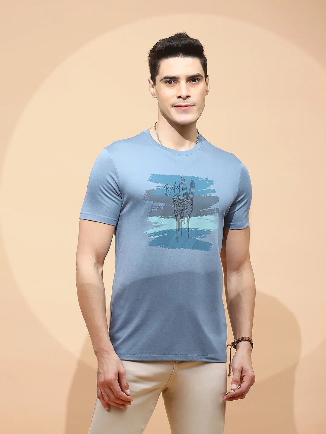 Teal Cotton Blend Regular Fit T-Shirt For Men - Global Republic