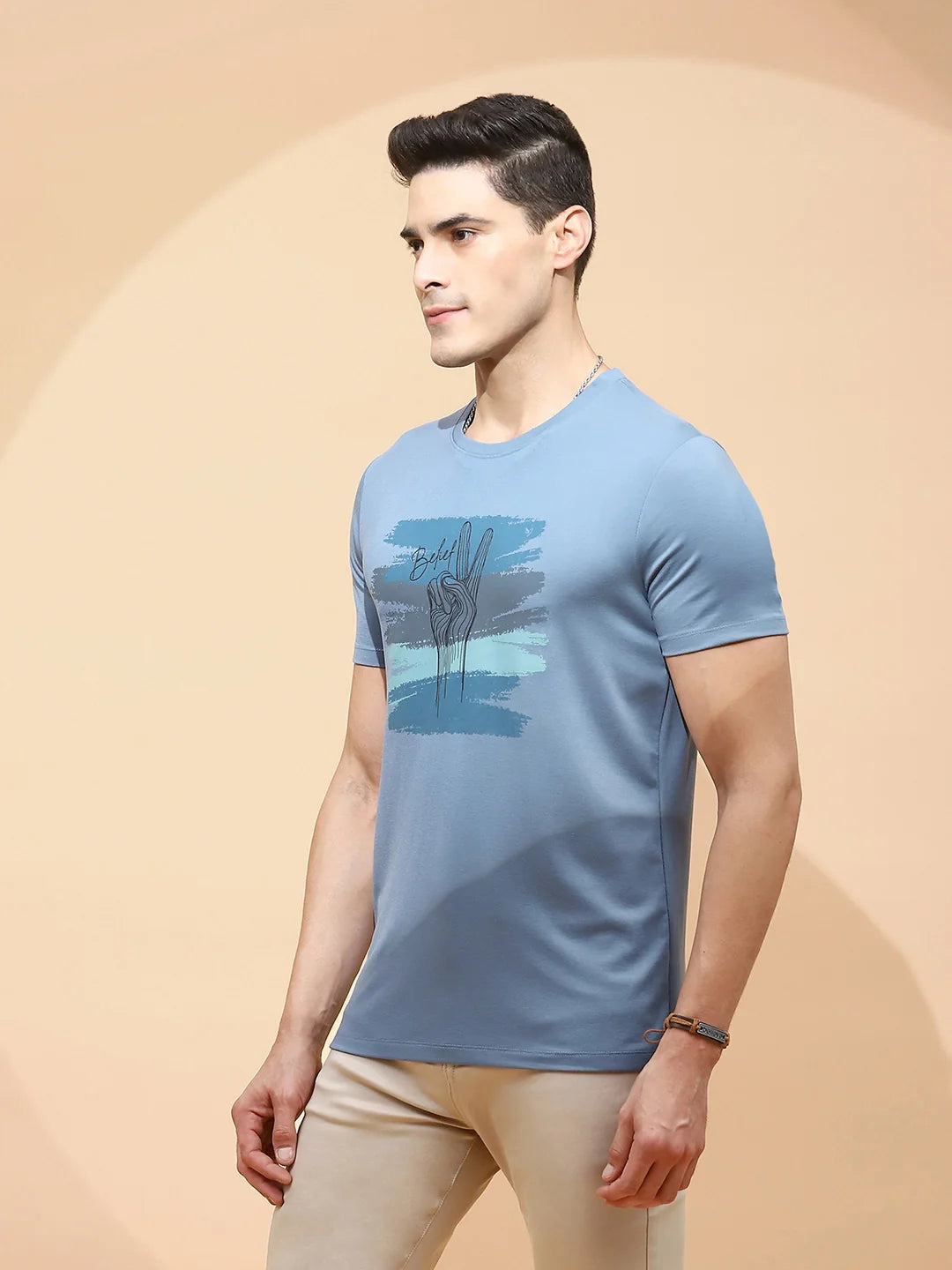 Teal Cotton Blend Regular Fit T-Shirt For Men - Global Republic