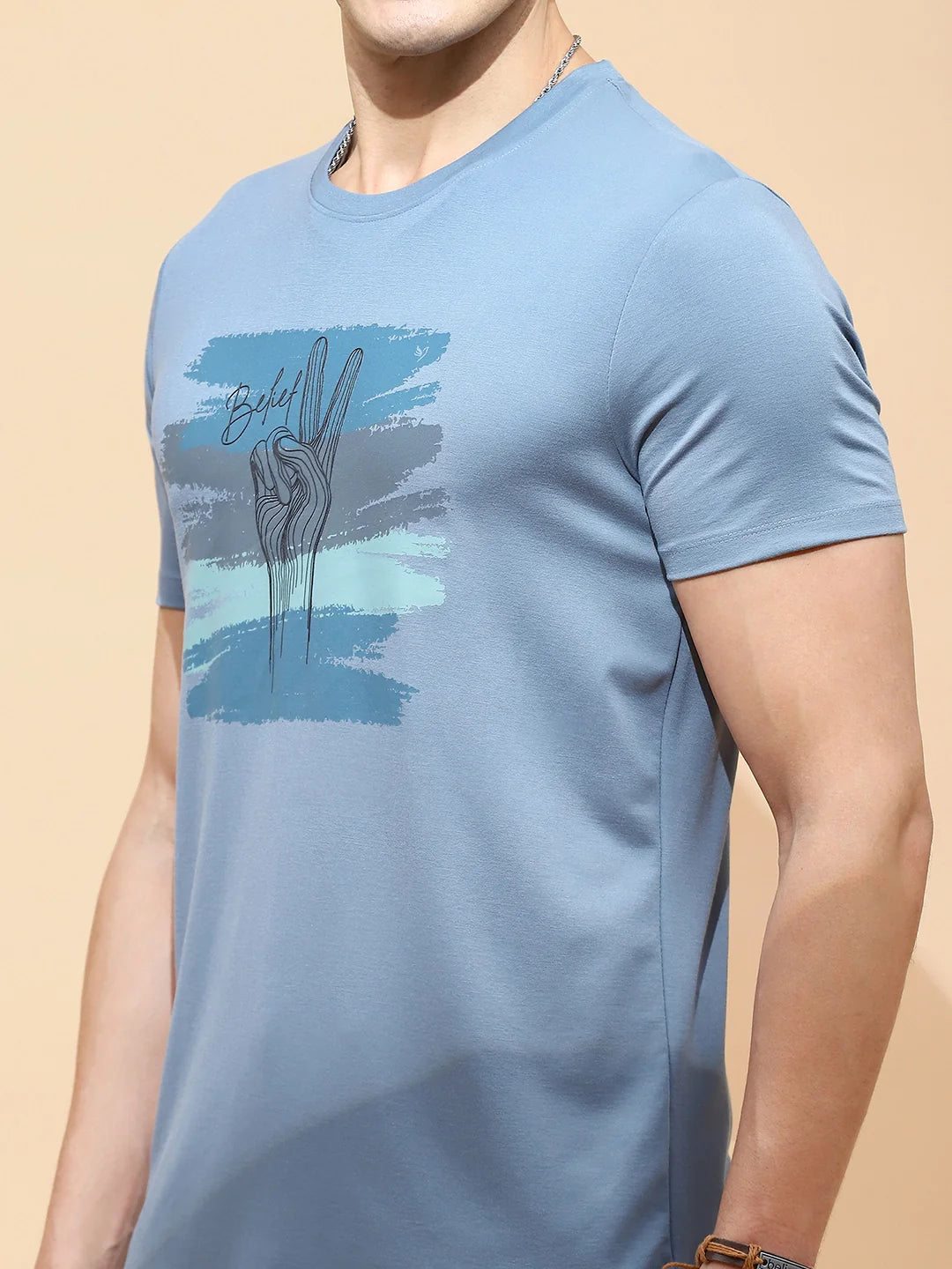 Teal Cotton Blend Regular Fit T-Shirt For Men - Global Republic