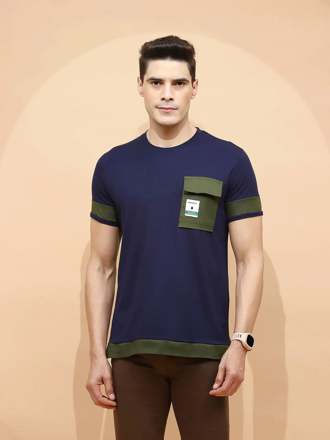 Navy Cotton Blend Regular Fit T-Shirt For Men - Global Republic