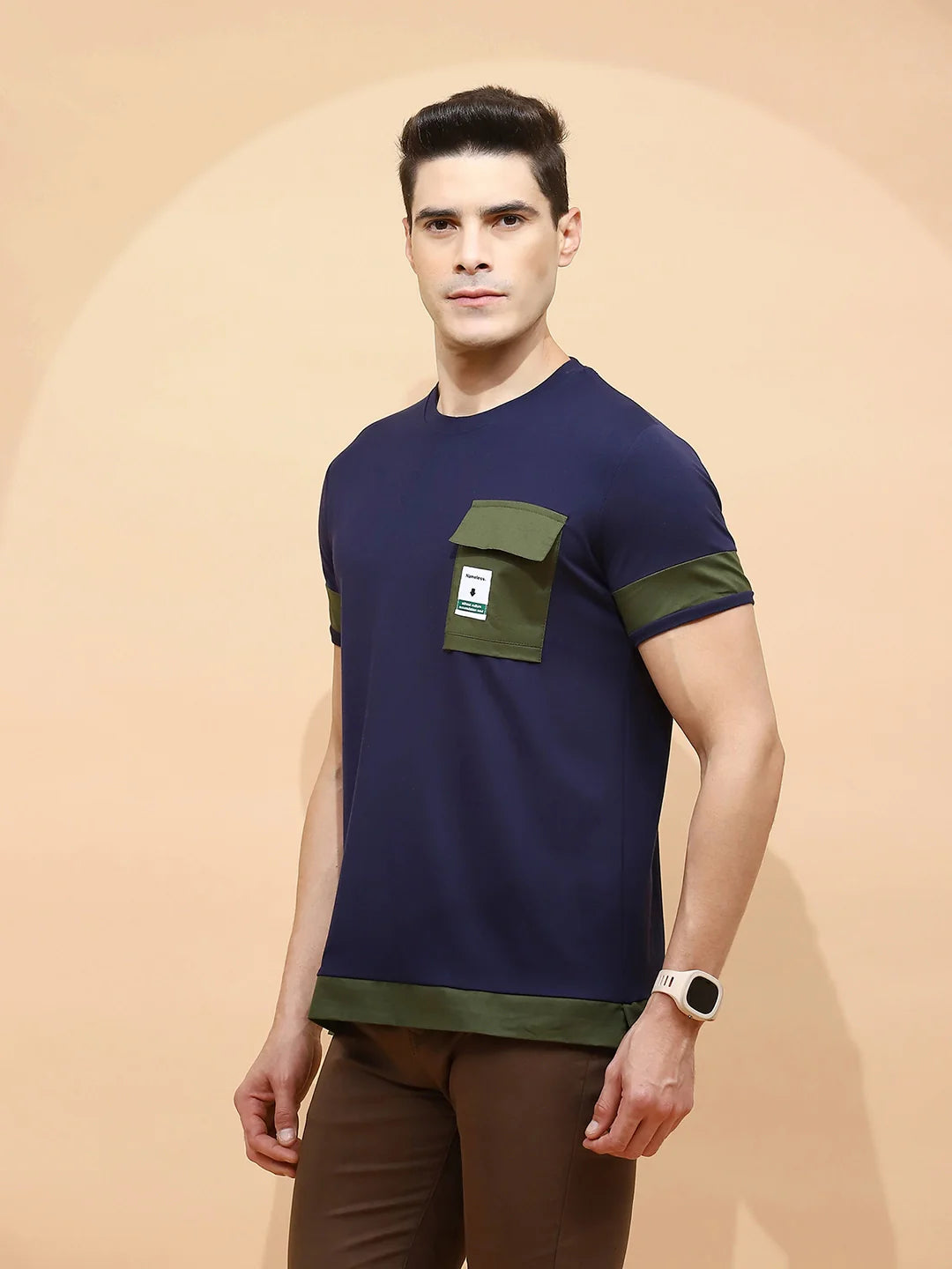 Navy Cotton Blend Regular Fit T-Shirt For Men