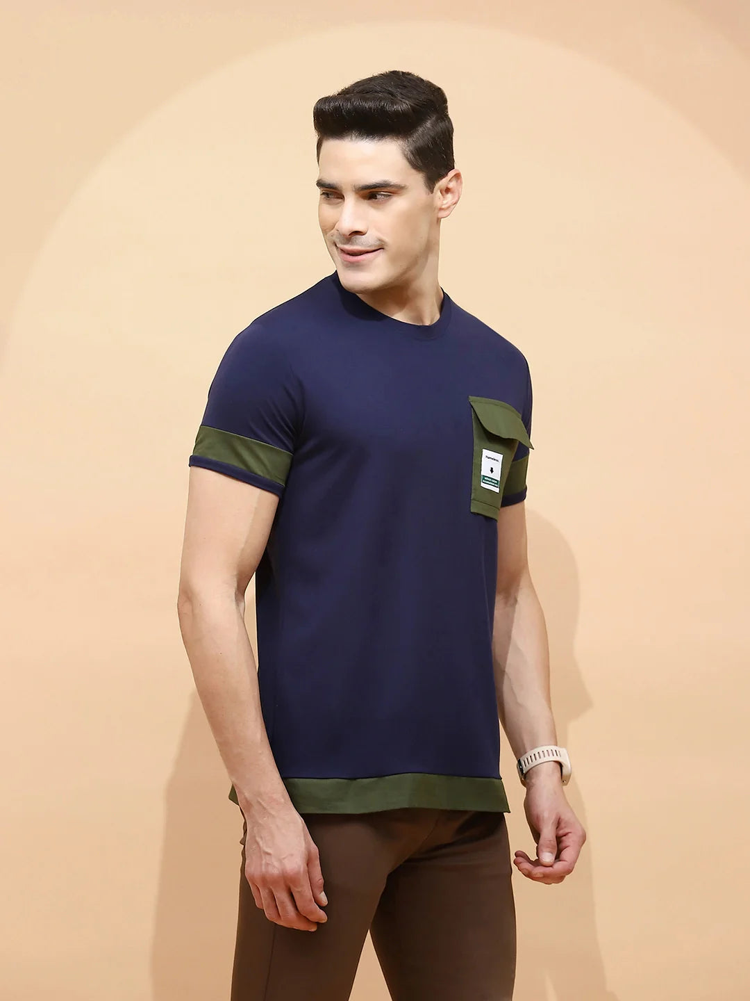 Navy Cotton Blend Regular Fit T-Shirt For Men - Global Republic