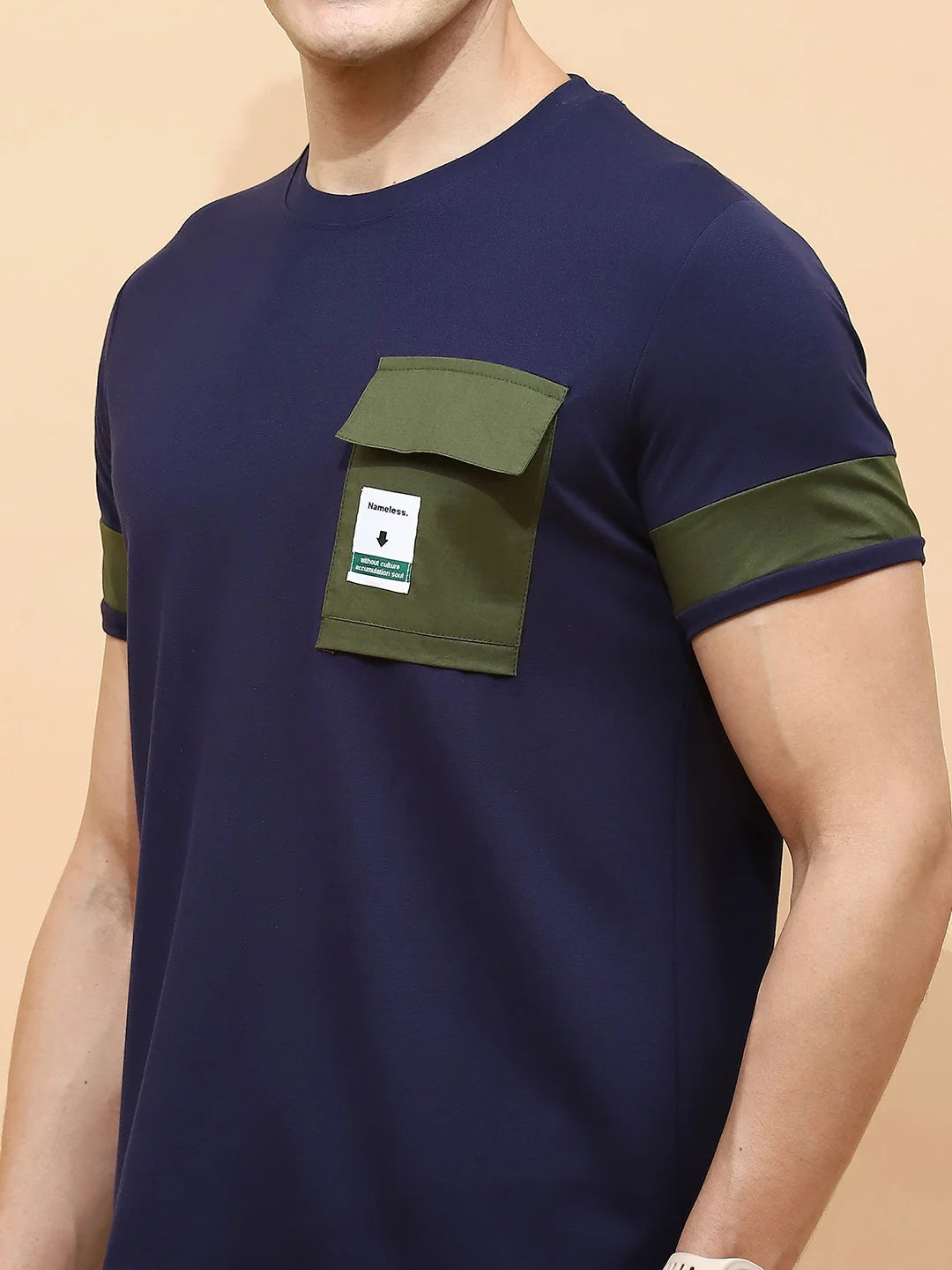 Navy Cotton Blend Regular Fit T-Shirt For Men