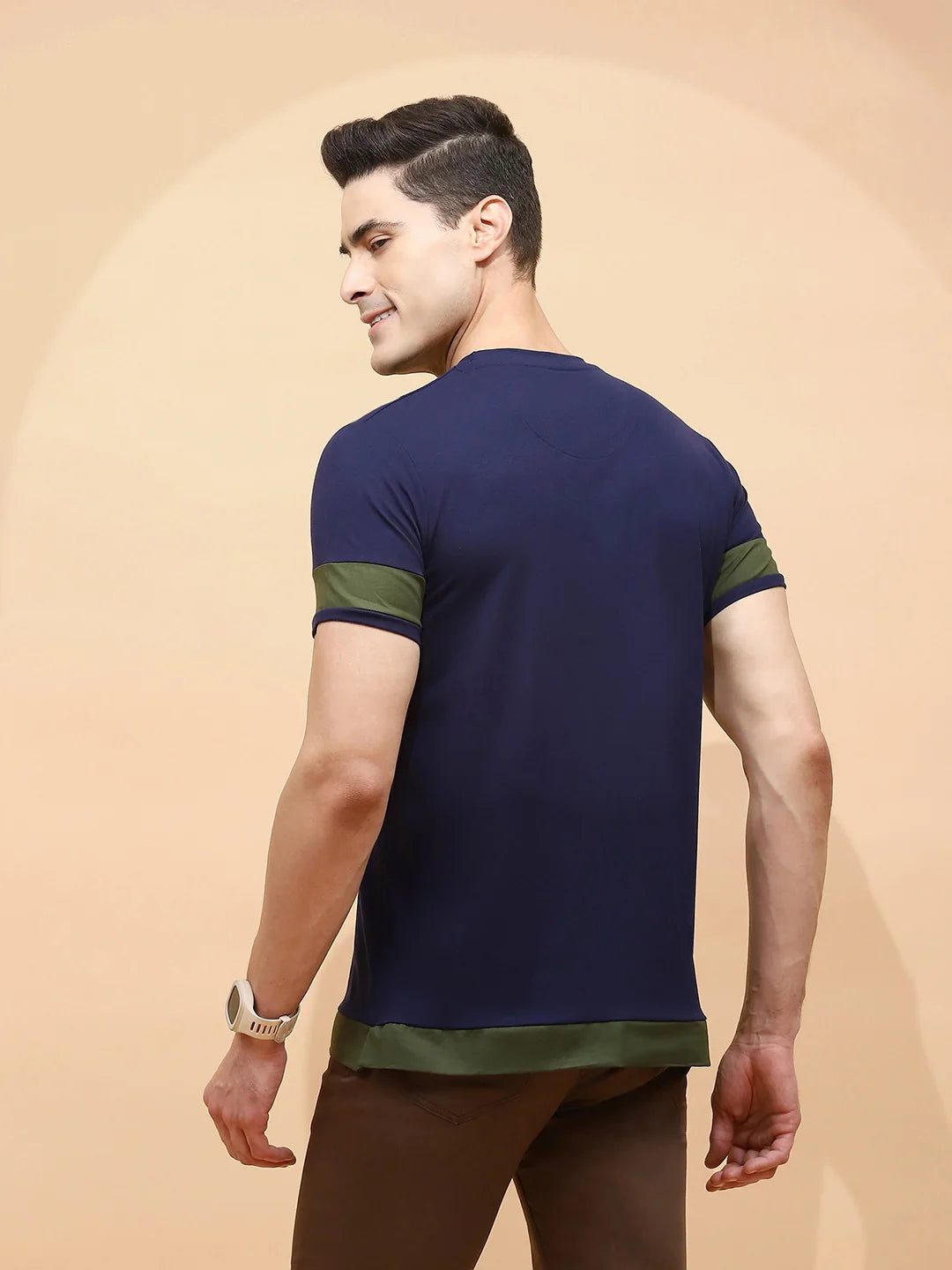 Navy Cotton Blend Regular Fit T-Shirt For Men - Global Republic