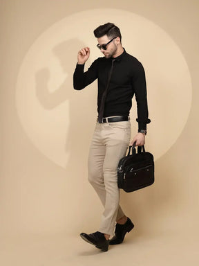 Black Polyester Blend Tailored Fit Shirt For Men