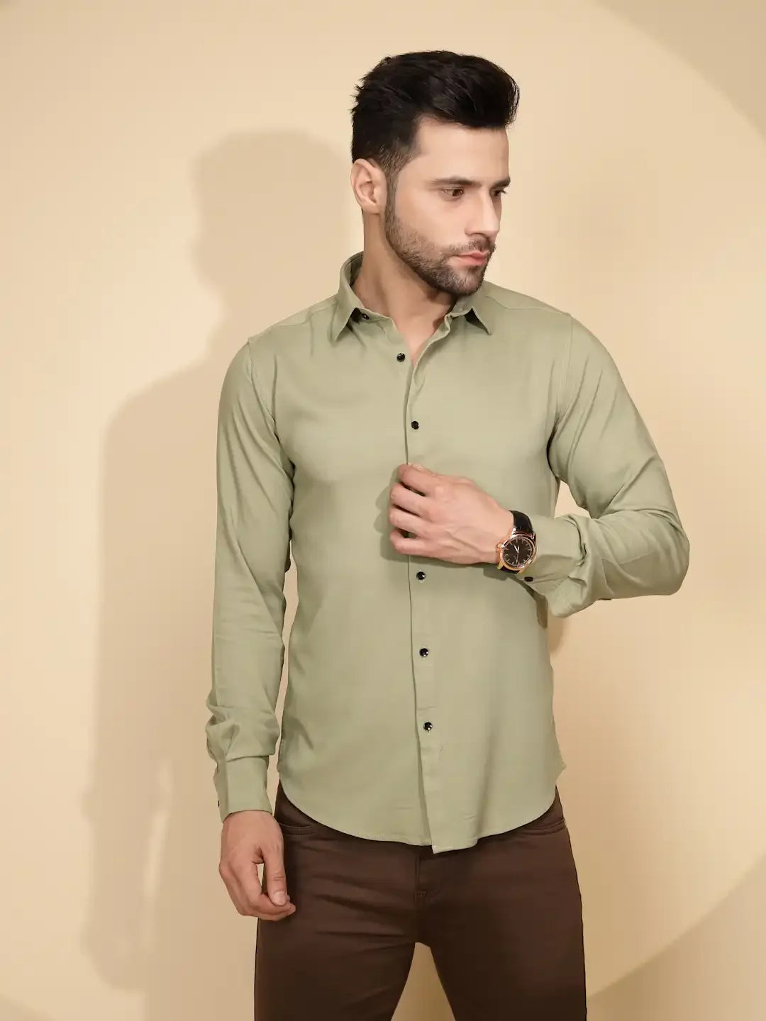 Olive  Tailored Fit Shirt For Men - Global Republic