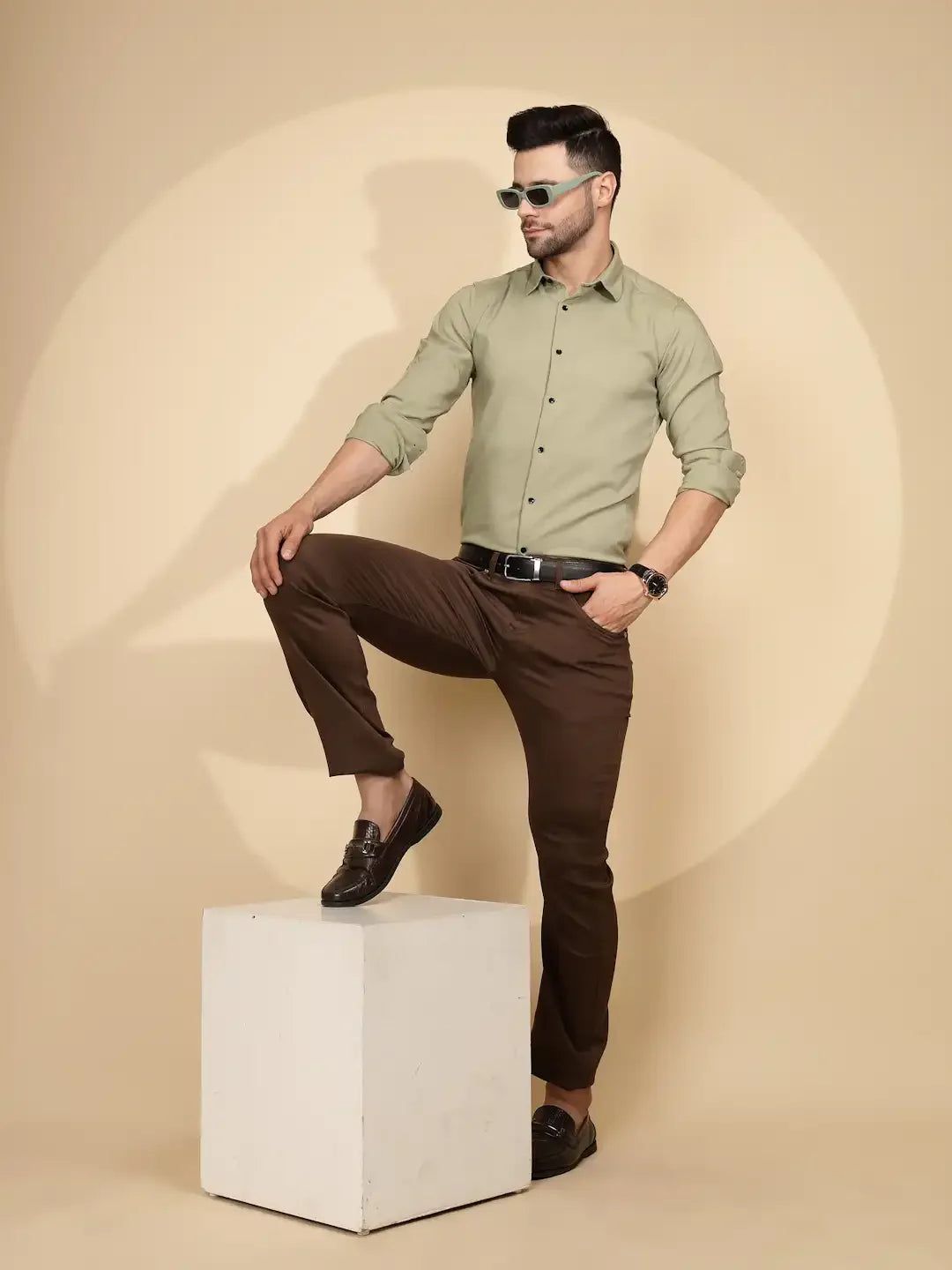 Olive Polyester Blend Tailored Fit Shirt For Men