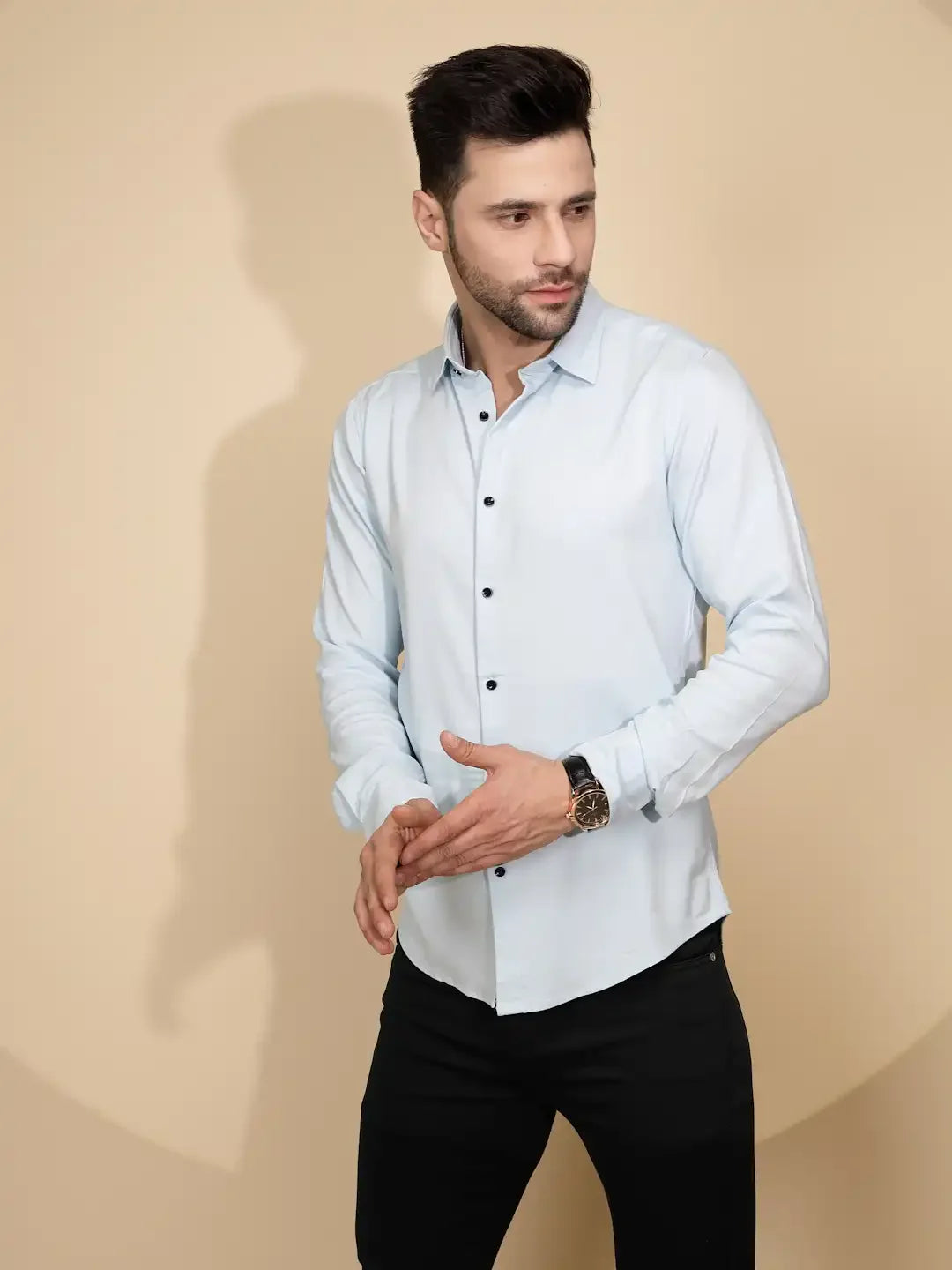Sky Blue Polyester Blend Tailored Fit Shirt For Men