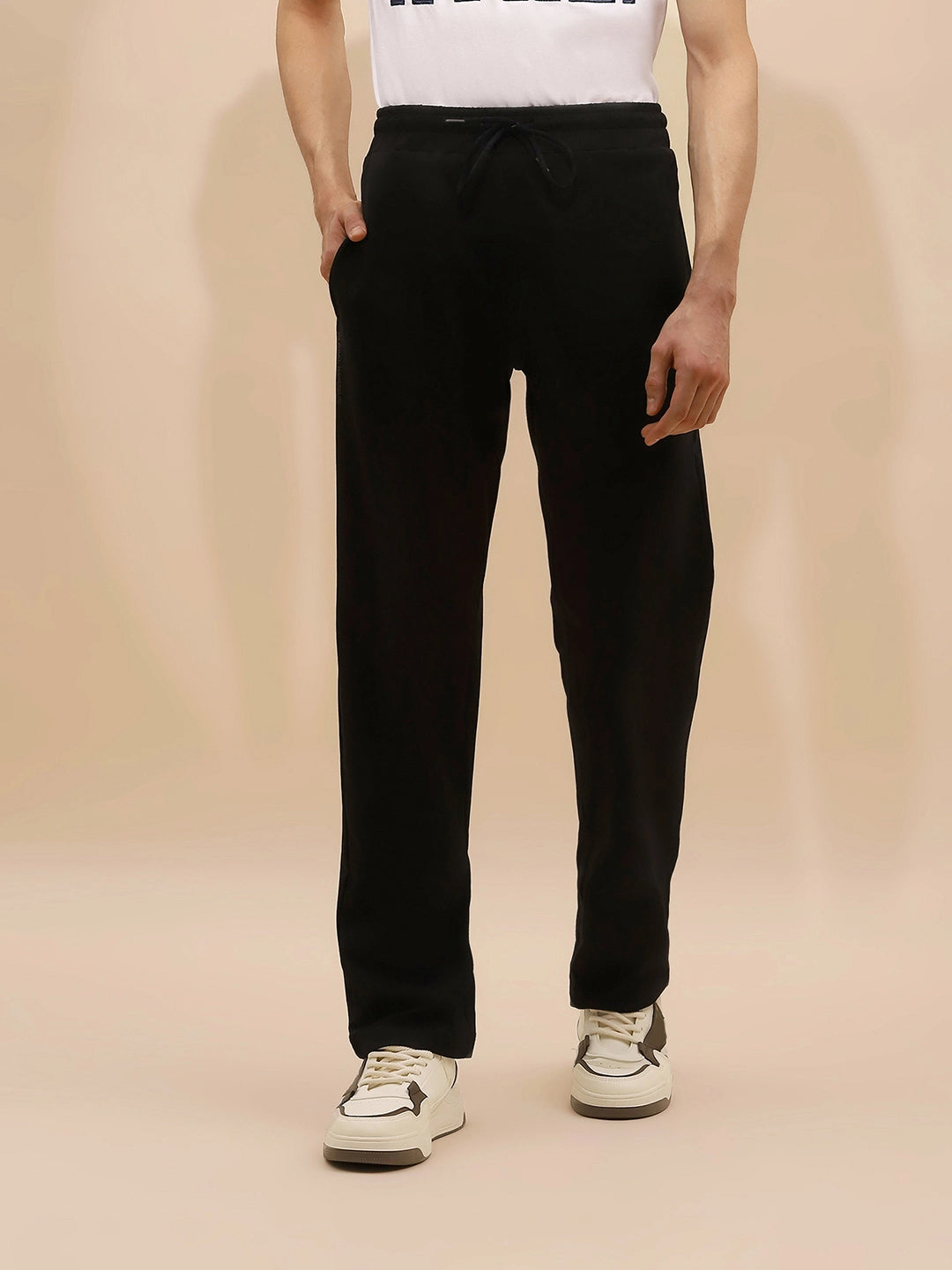 Black Cotton Blend Regular Fit Lower For Men