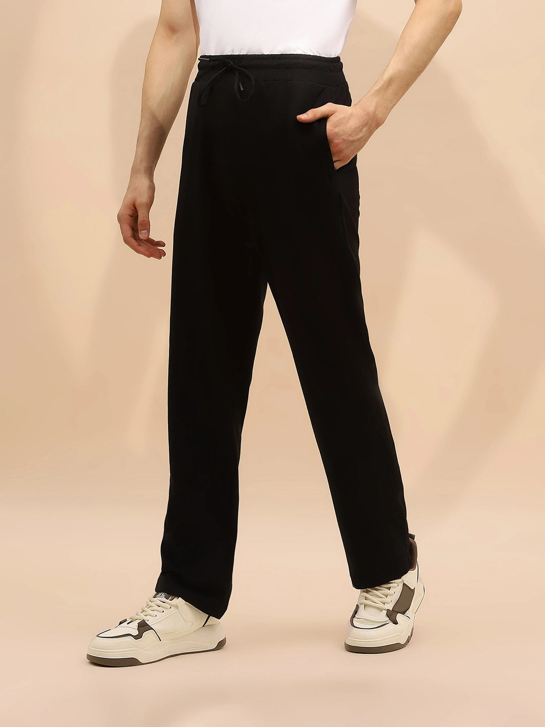 Black Cotton Blend Regular Fit Lower For Men