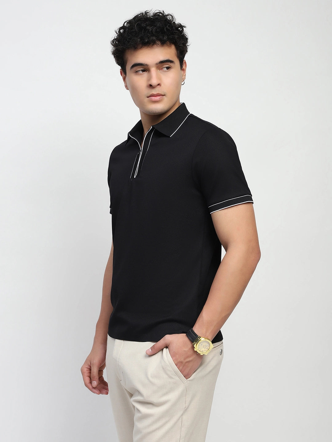 Black Solid Nylon Blend T-Shirt