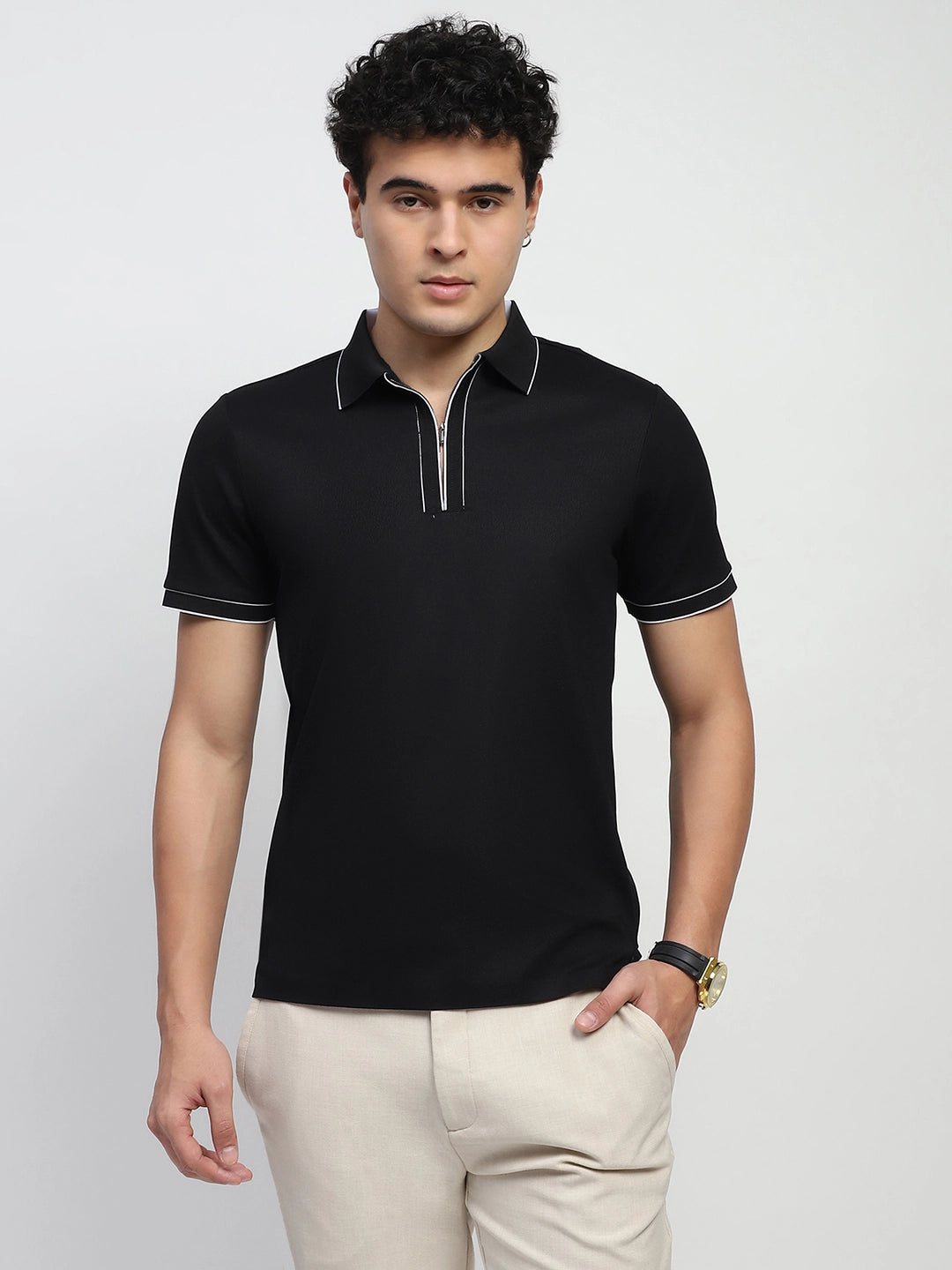 Black Solid Nylon Blend T-Shirt - Global Republic