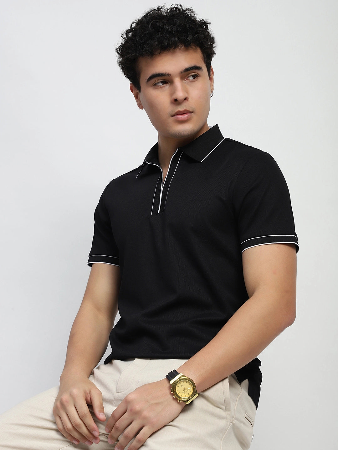 Black Solid Nylon Blend T-Shirt