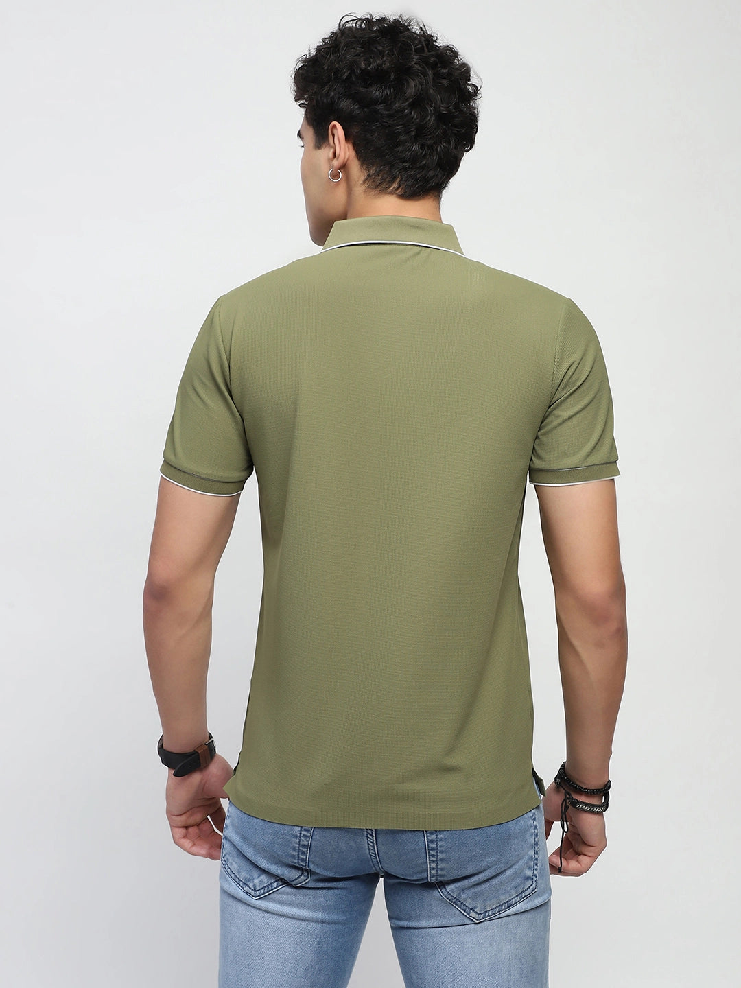 Olive Solid Nylon Blend Polo T-Shirt - Global Republic