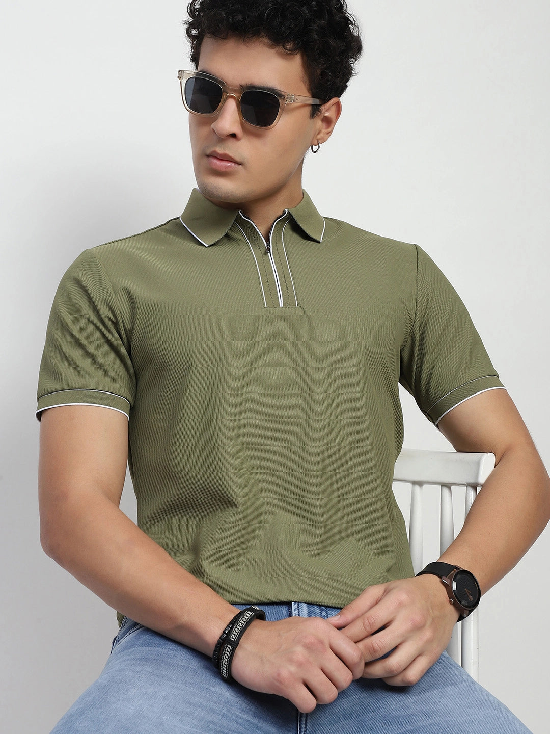 Olive Solid Nylon Blend Polo T-Shirt
