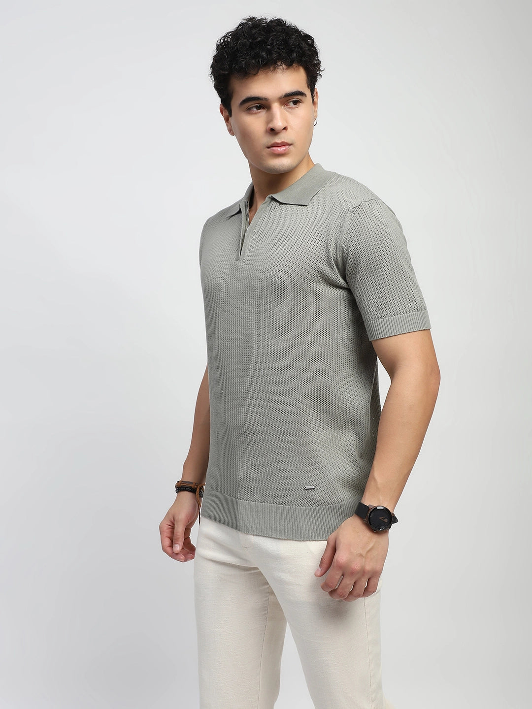 Grey Self Design Cotton Polo T-Shirt - Global Republic