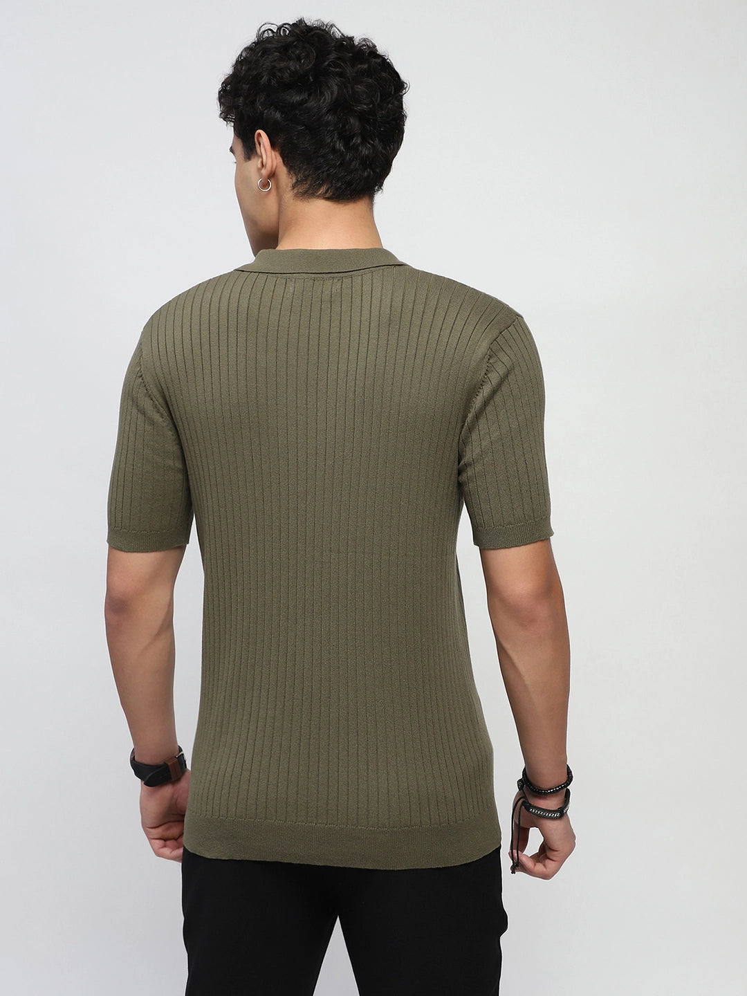Olive Knitted Cotton Ribbed T-Shirt