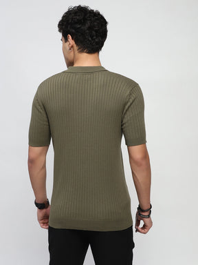 Olive Knitted Cotton Ribbed T-Shirt