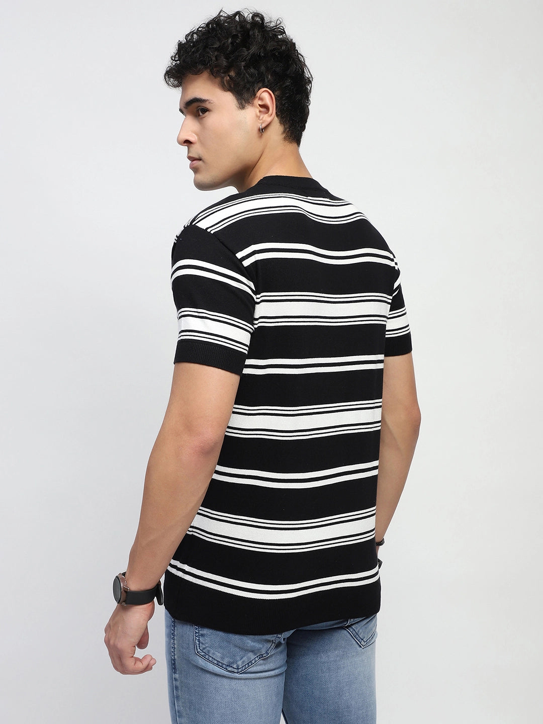 Black Striped Knitted Cotton T-Shirt - Global Republic