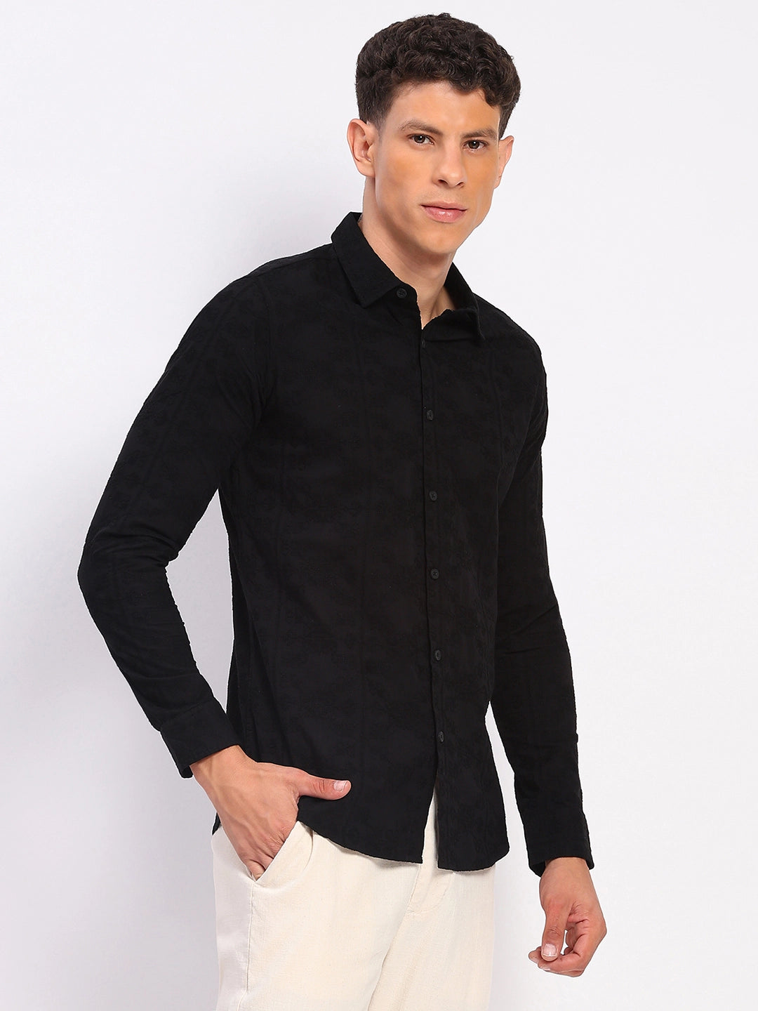 Black Cotton Embroidered Shirt - Global Republic