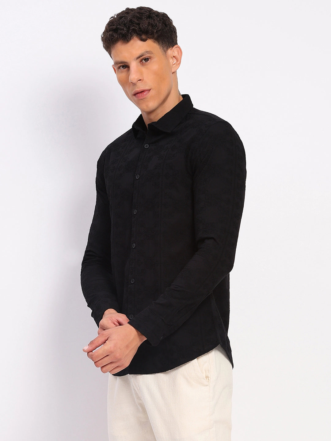 Black Cotton Embroidered Shirt - Global Republic