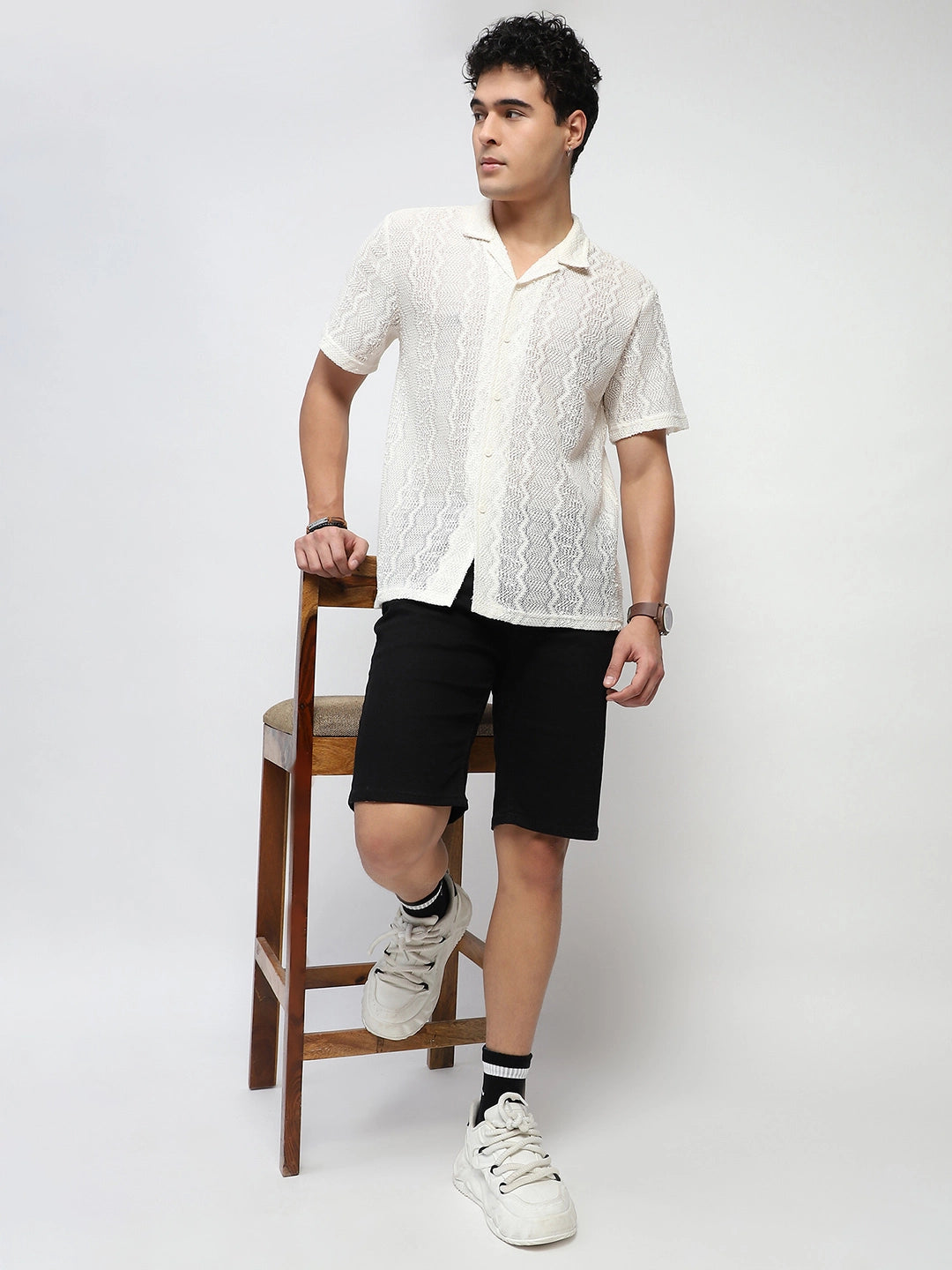 Ecru Polyblend Knit Relaxed Fit Shirt