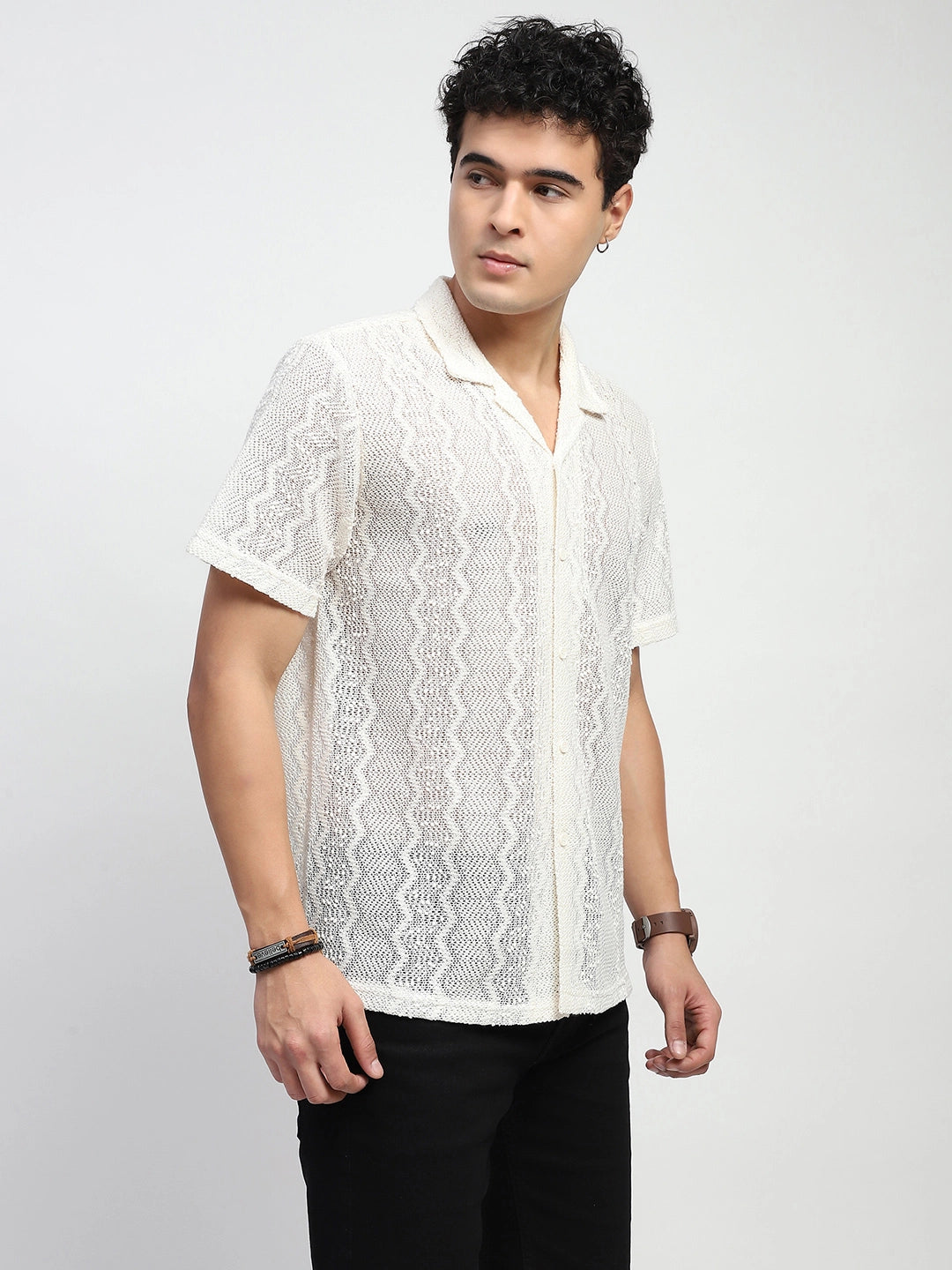 Ecru Polyblend Knit Relaxed Fit Shirt