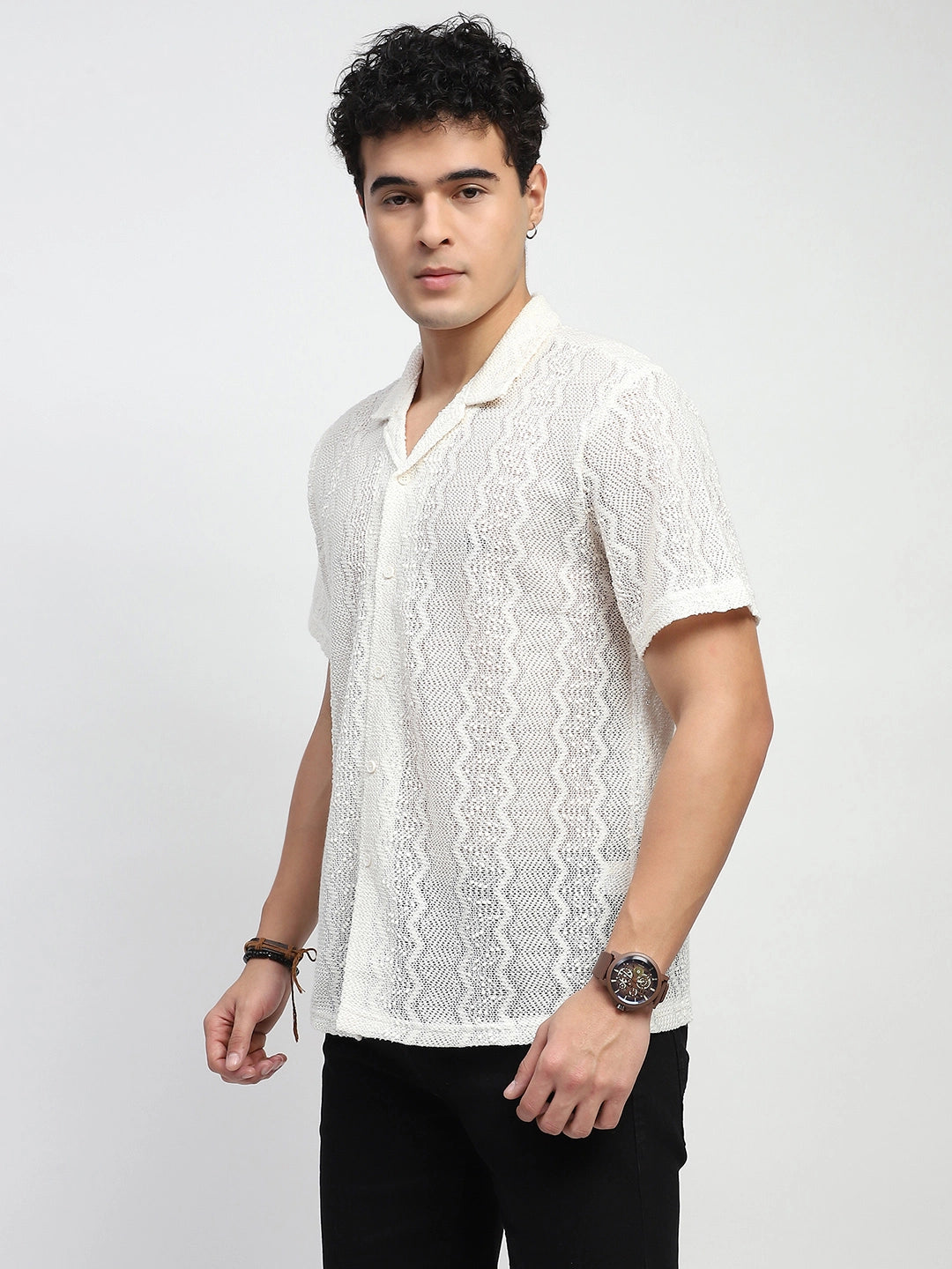 Ecru Polyblend Knit Relaxed Fit Shirt
