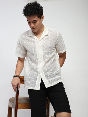 Ecru Polyblend Knit Relaxed Fit Shirt