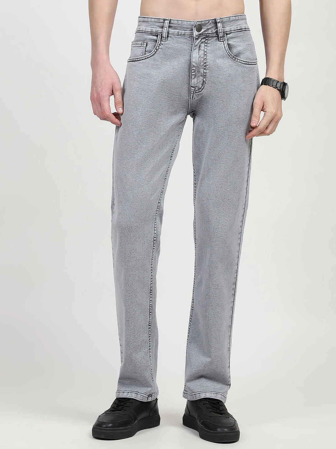 Grey Cotton Regular Fit Jeans