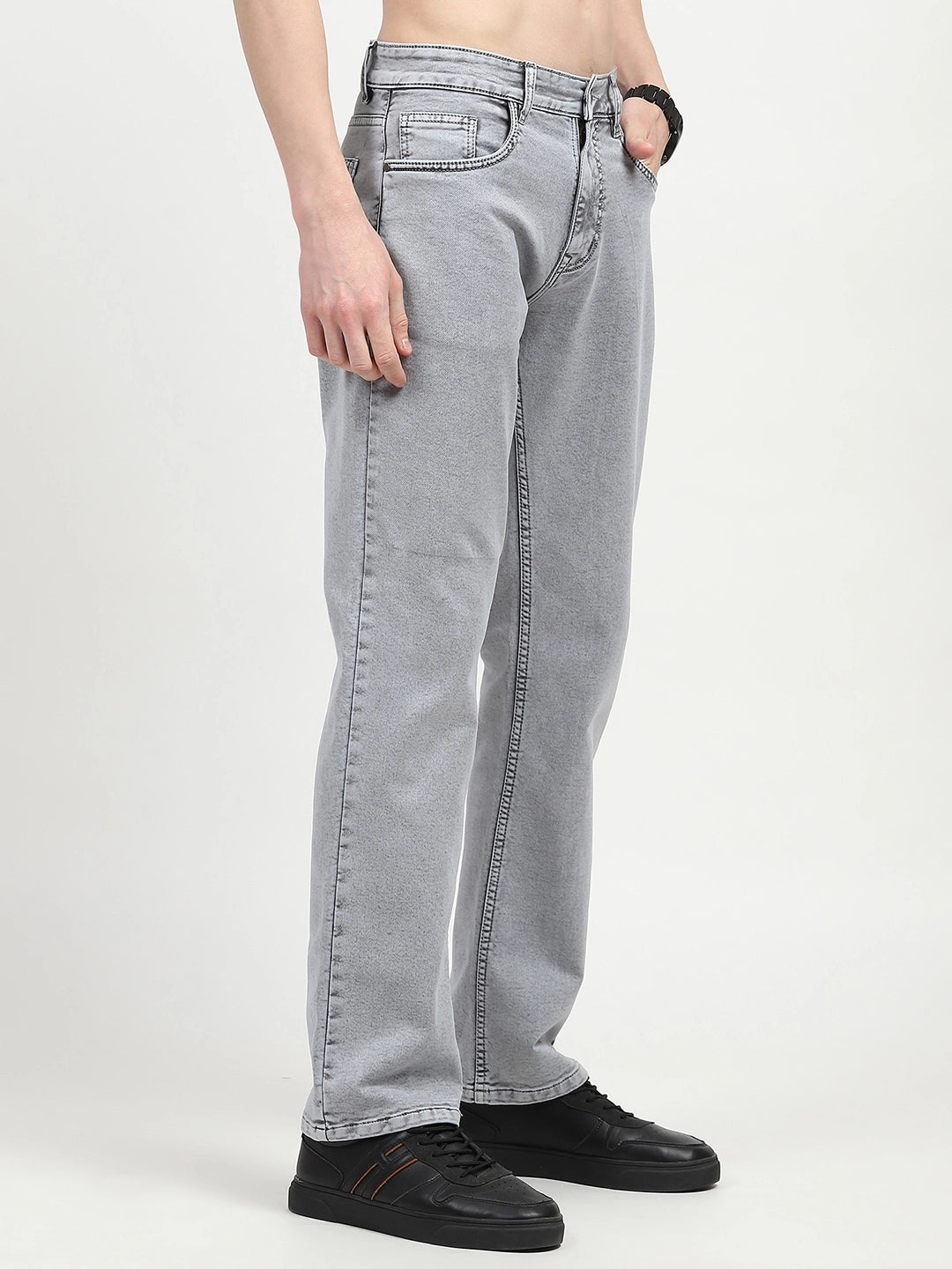 Grey Cotton Regular Fit Jeans