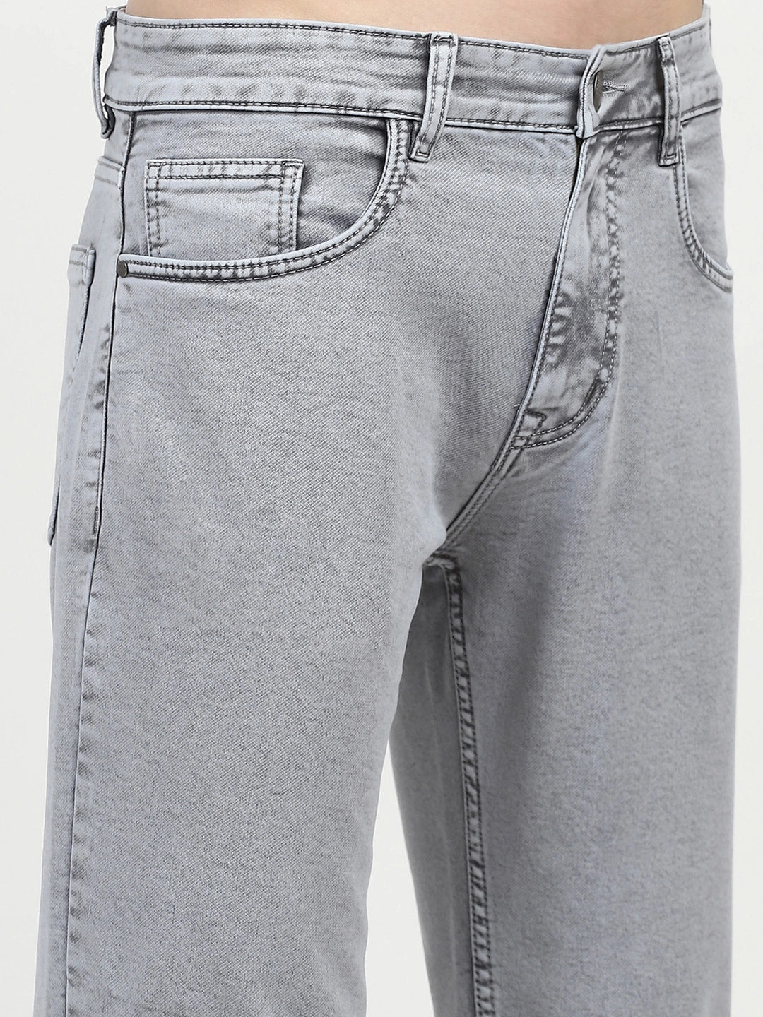 Grey Cotton Regular Fit Jeans