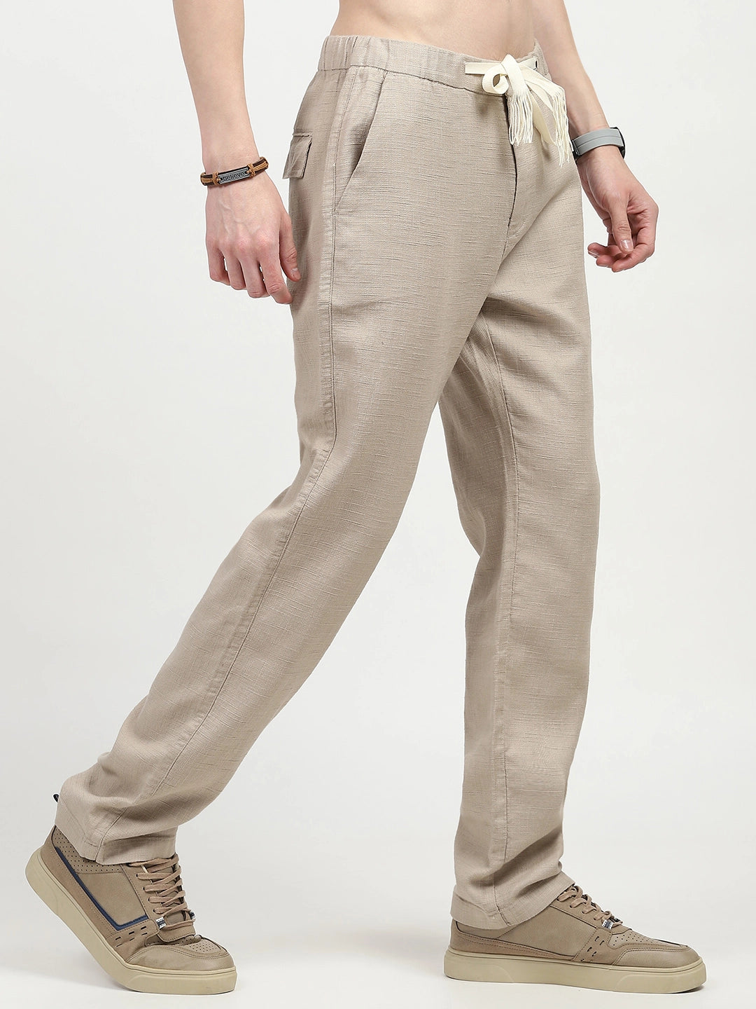 Beige Solid Cotton Loose Fit Trouser