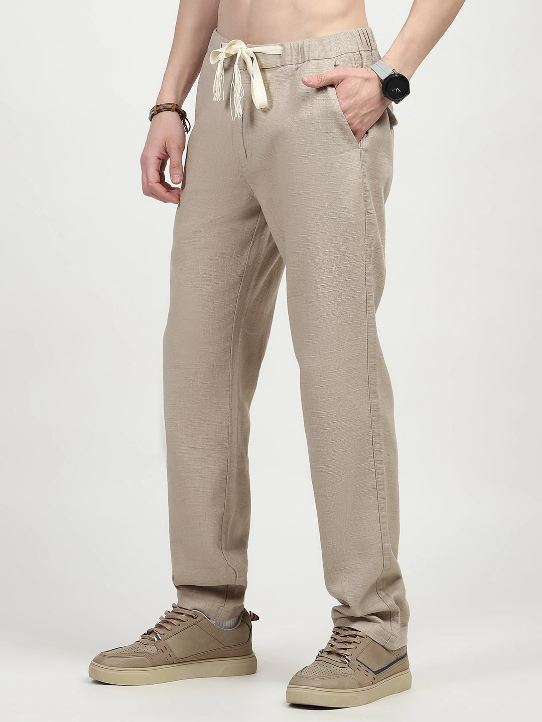 Beige Solid Cotton Loose Fit Trouser