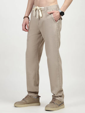Beige Solid Cotton Loose Fit Trouser