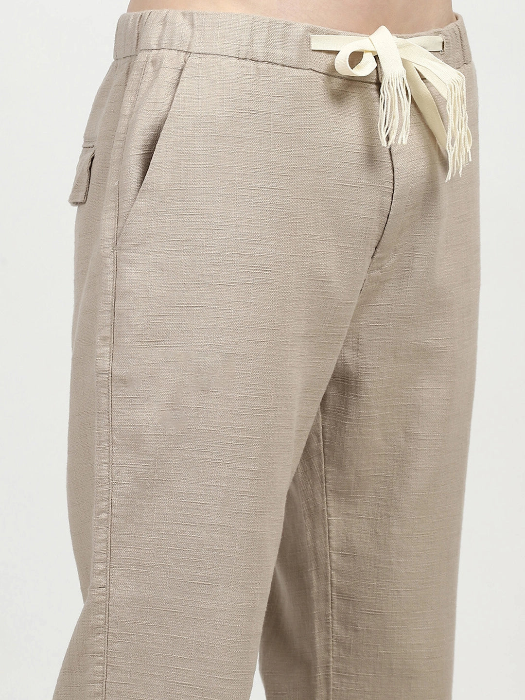 Beige Solid Cotton Loose Fit Trouser