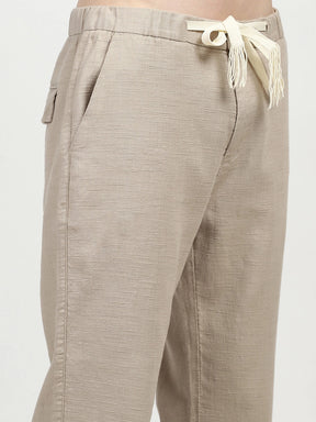 Beige Solid Cotton Loose Fit Trouser