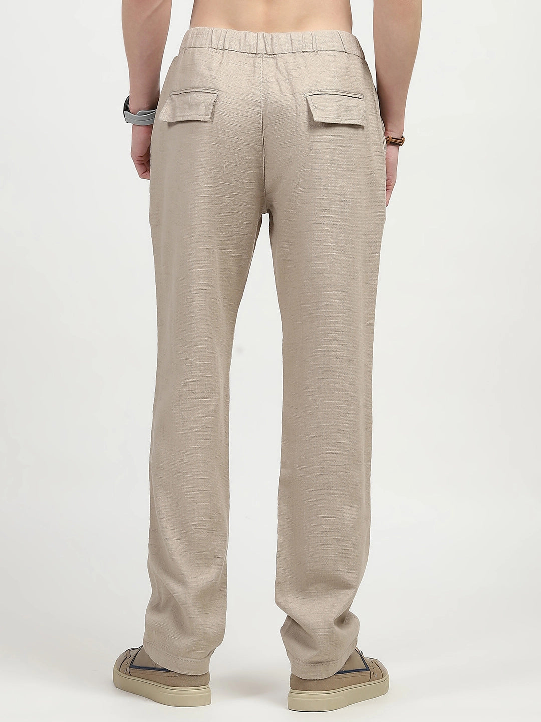 Beige Solid Cotton Loose Fit Trouser
