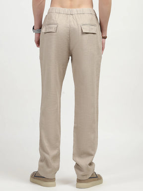 Beige Solid Cotton Loose Fit Trouser