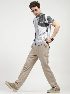Beige Solid Cotton Loose Fit Trouser