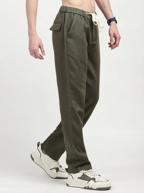 Olive Solid Cotton Loose Fit Trouser
